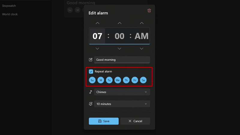 Thiết lập chu kỳ lặp lại cho báo thức trên Windows 11