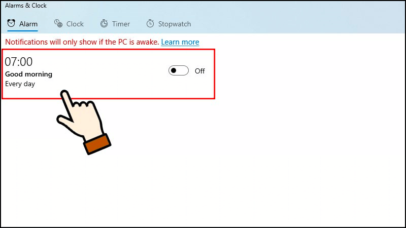 Thiết lập thời gian báo thức mới trong ứng dụng Clock của laptop