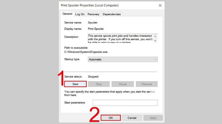 Khởi động lại dịch vụ Print Spooler để máy tính nhận lại máy in
