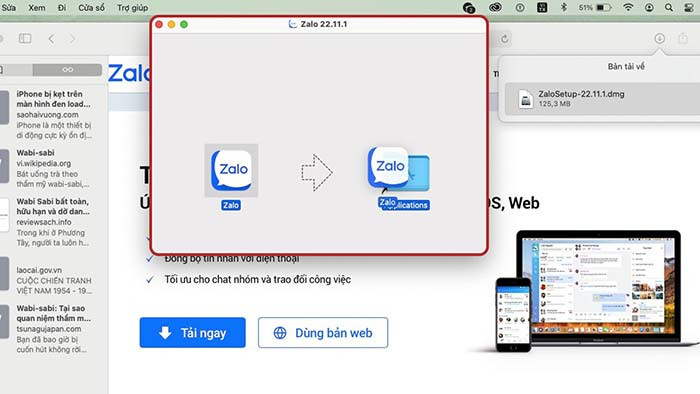 Cài đặt Zalo bằng cách kéo thả vào thư mục Applications trên macOS