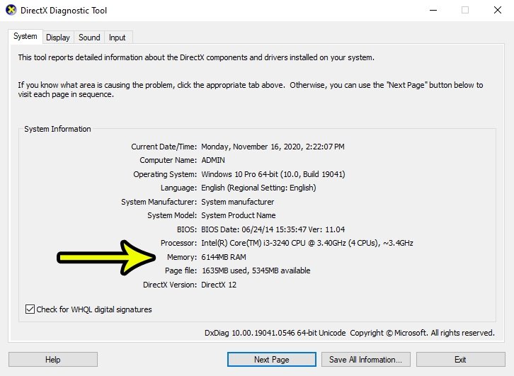 Bước 3: Dung lượng RAM trong DirectX Diagnostic Tool