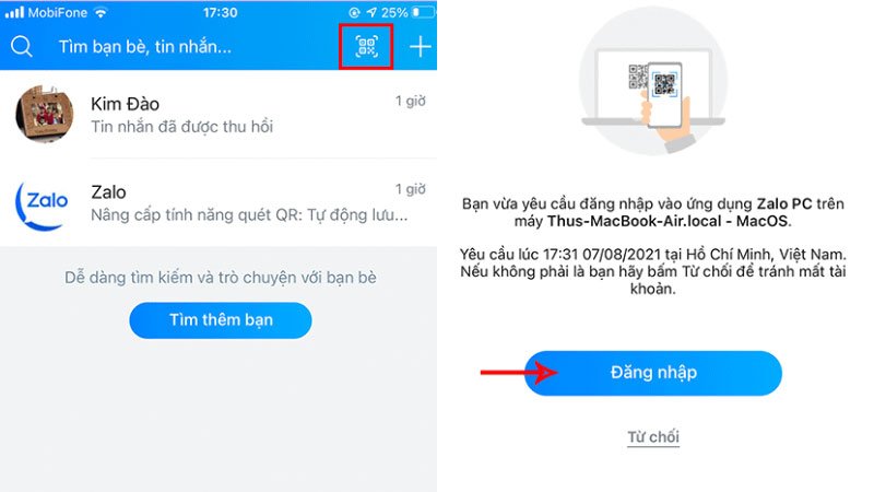 Quét mã QR để lấy mật khẩu Zalo trên máy tính
