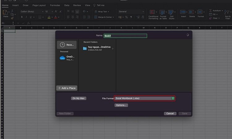 Lưu file Excel trên MacBook