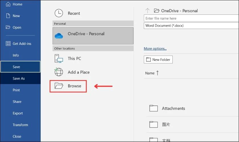 Chọn Browse để lưu file Word vào vị trí mong muốn trên Windows