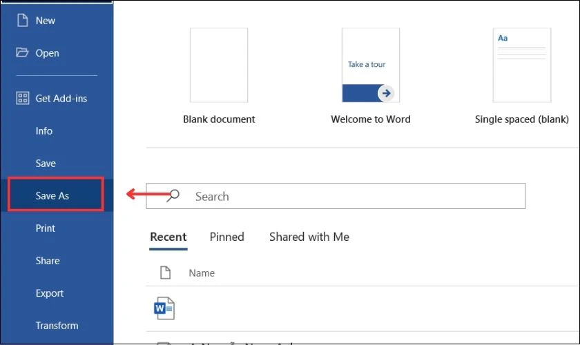 Sử dụng tùy chọn Save As trong menu File để lưu tài liệu Word