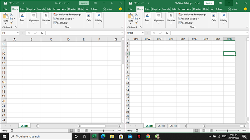 Kết quả chia đôi màn hình làm việc với Excel