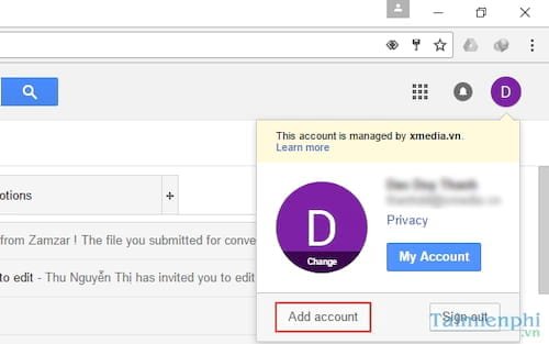 Menu hồ sơ Gmail với tùy chọn 'Thêm tài khoản', cách mở nhiều email trên một trình duyệt