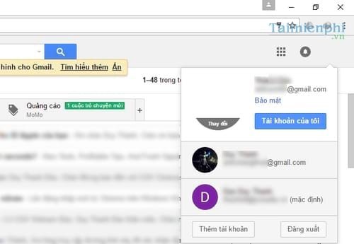 Menu chuyển đổi giữa các tài khoản Gmail đã đăng nhập, giúp quản lý email hiệu quả