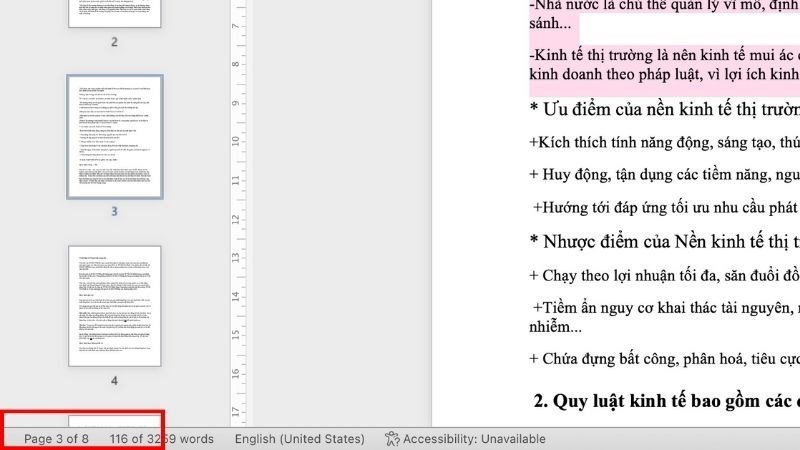 Mở file Word và nhấp vào số trang để kiểm tra tổng quan tài liệu