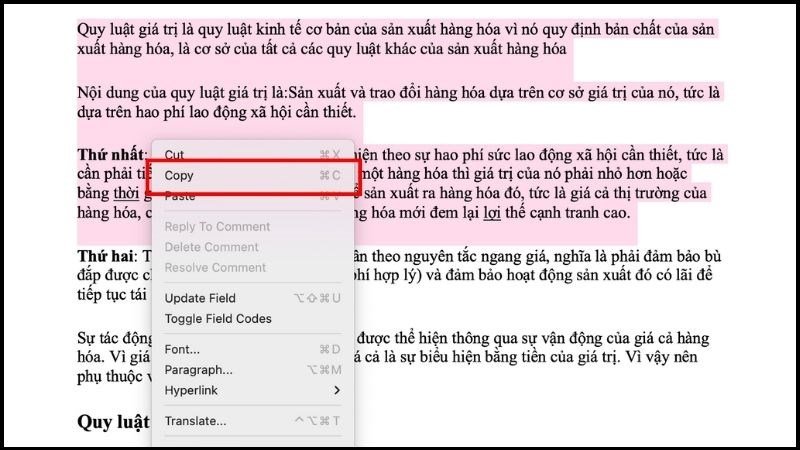 Nhấn chuột phải vào văn bản đã chọn và chọn 'Copy' từ menu ngữ cảnh