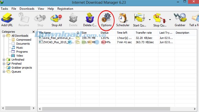 Mở tùy chọn cài đặt trong Internet Download Manager (IDM)