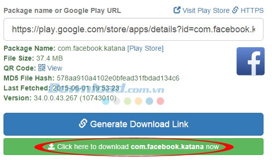 Trang kết quả của APK Downloader với liên kết tải file APK về máy tính