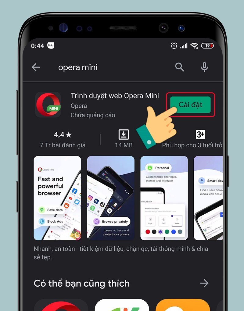 Nhấn Cài đặt để tải Opera Mini về điện thoại