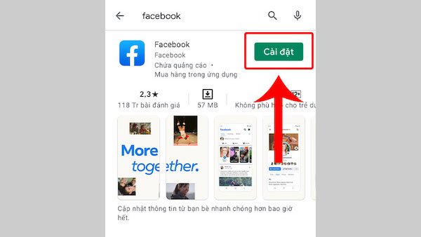 Màn hình chờ tải và nút mở ứng dụng Facebook trên điện thoại Android