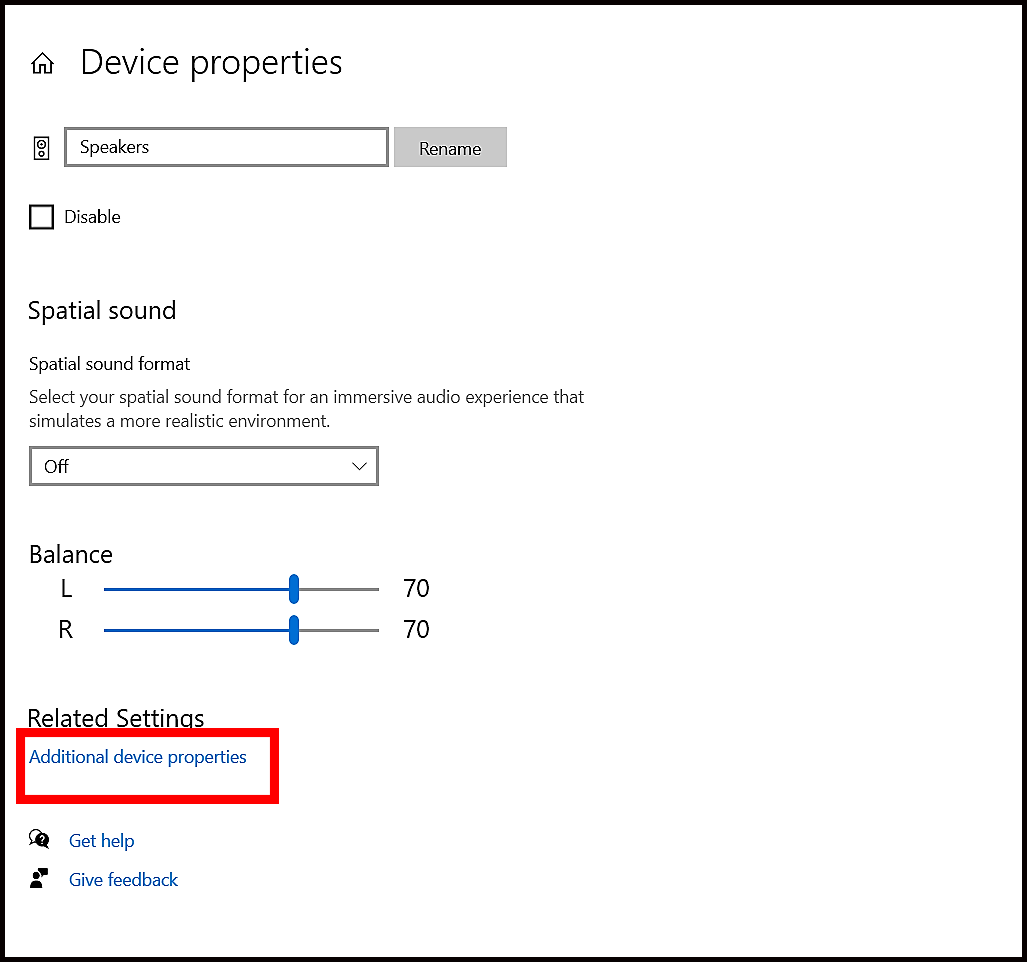 Truy cập Additional Device Properties trong cài đặt âm thanh Windows để tăng âm lượng máy tính