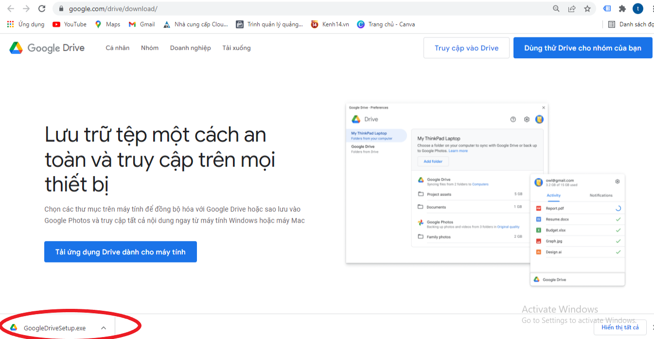 Cửa sổ cài đặt Google Drive trên máy tính, hiển thị các tùy chọn cài đặt shortcut