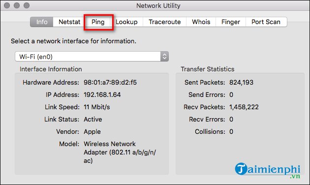 Giao diện ứng dụng Network Utility trên macOS để kiểm tra ping