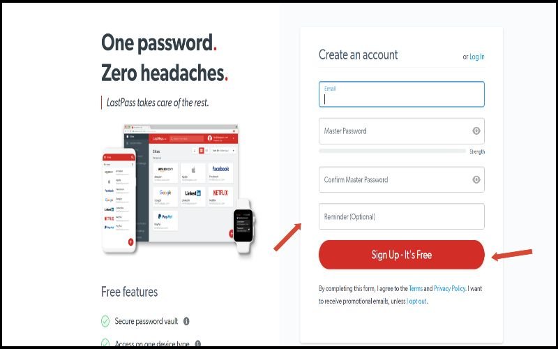 Điền thông tin email và tạo mật khẩu mạnh để lưu vào LastPass cho tài khoản Gmail