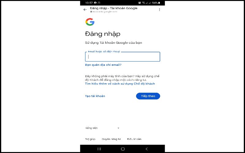 Giao diện đăng nhập tài khoản Google, nhập email để bắt đầu khôi phục mật khẩu