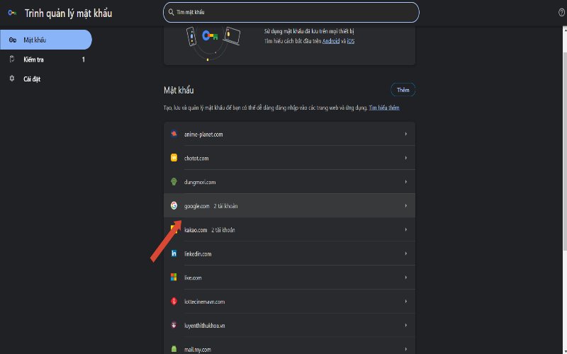 Chọn tài khoản Gmail đã lưu để xem chi tiết mật khẩu trên máy tính