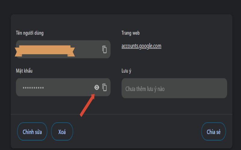 Nhấn biểu tượng mắt để hiển thị mật khẩu Gmail đã lưu trên máy tính