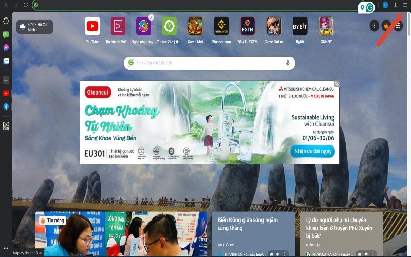 Mở trình duyệt Cốc Cốc và chọn biểu tượng ba gạch để truy cập cài đặt lưu mật khẩu Gmail