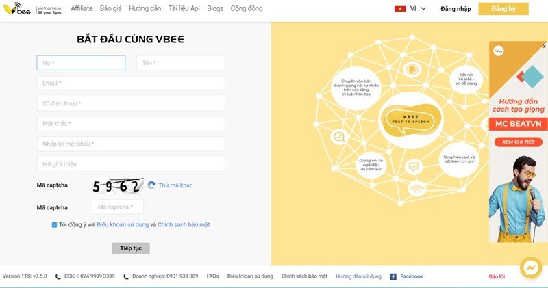 Hướng dẫn đăng ký tài khoản Vbee