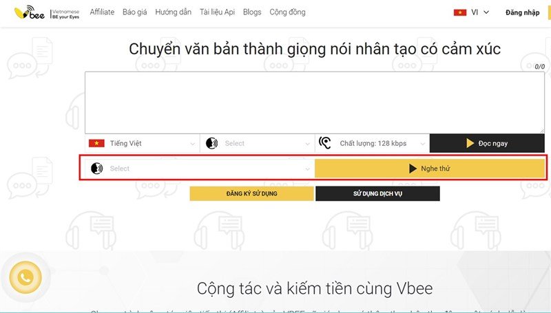 Tùy chọn nghe thử đoạn văn mẫu của Vbee với nhiều giọng đọc
