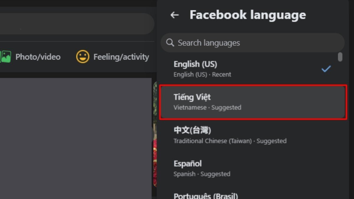 Cài đặt Facebook cho máy tính: Lựa chọn Tiếng Việt trong danh sách ngôn ngữ
