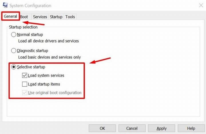 Cấu hình khởi động chọn lọc trong tab General của msconfig