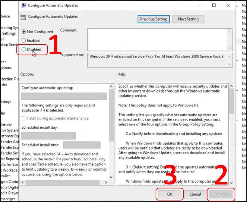Chá»n Disabled táº¡i má»¥c tá»± Ä‘á»™ng cáº­p nháº­t