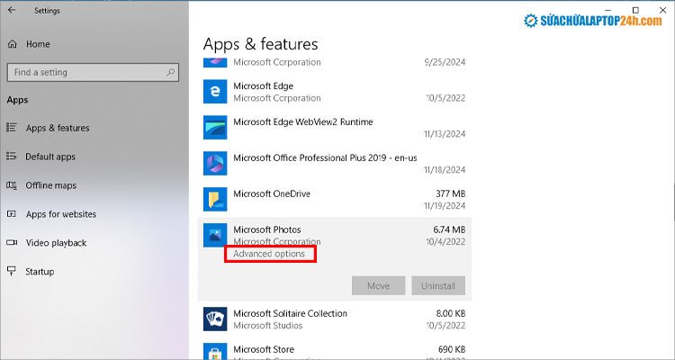 Chọn Advanced options của Microsoft Photos để reset ứng dụng