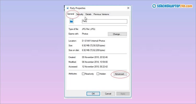 Chọn Advanced trong Properties để tắt mã hóa ảnh
