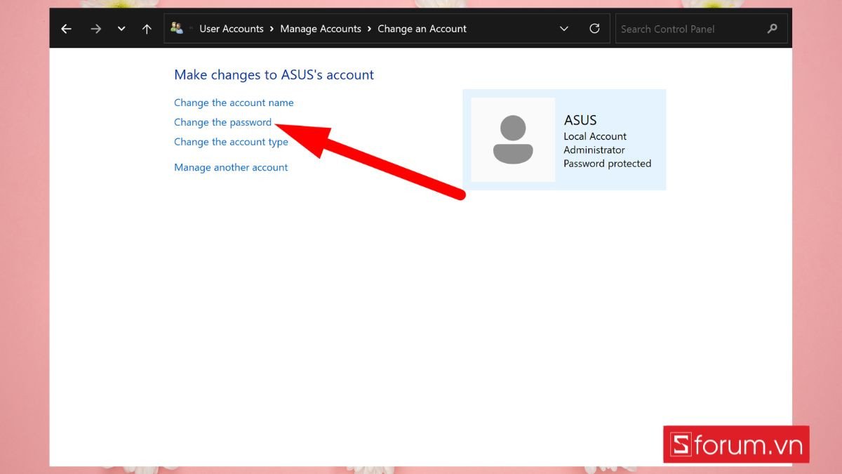 Chọn Change the password để tiếp tục