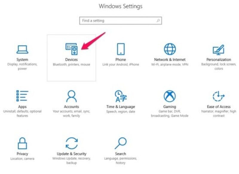 Chọn Devices trong cài đặt Windows 10