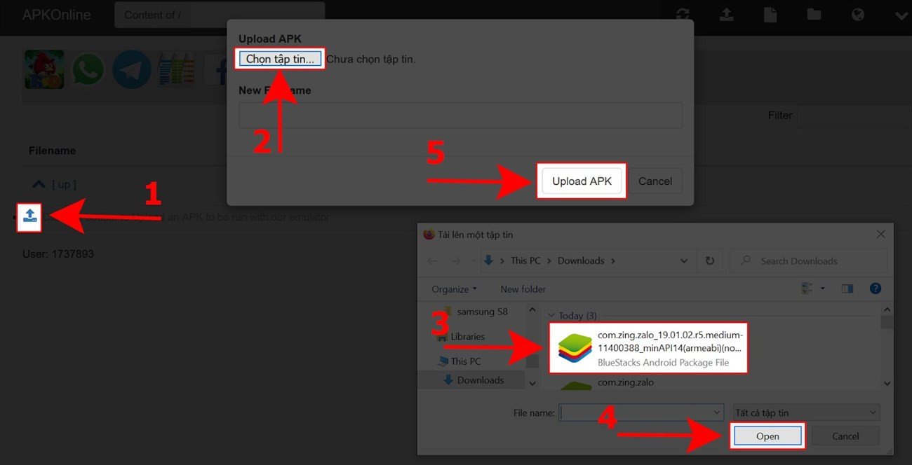 Chọn và tải lên file Zalo APK để giả lập trên trình duyệt web
