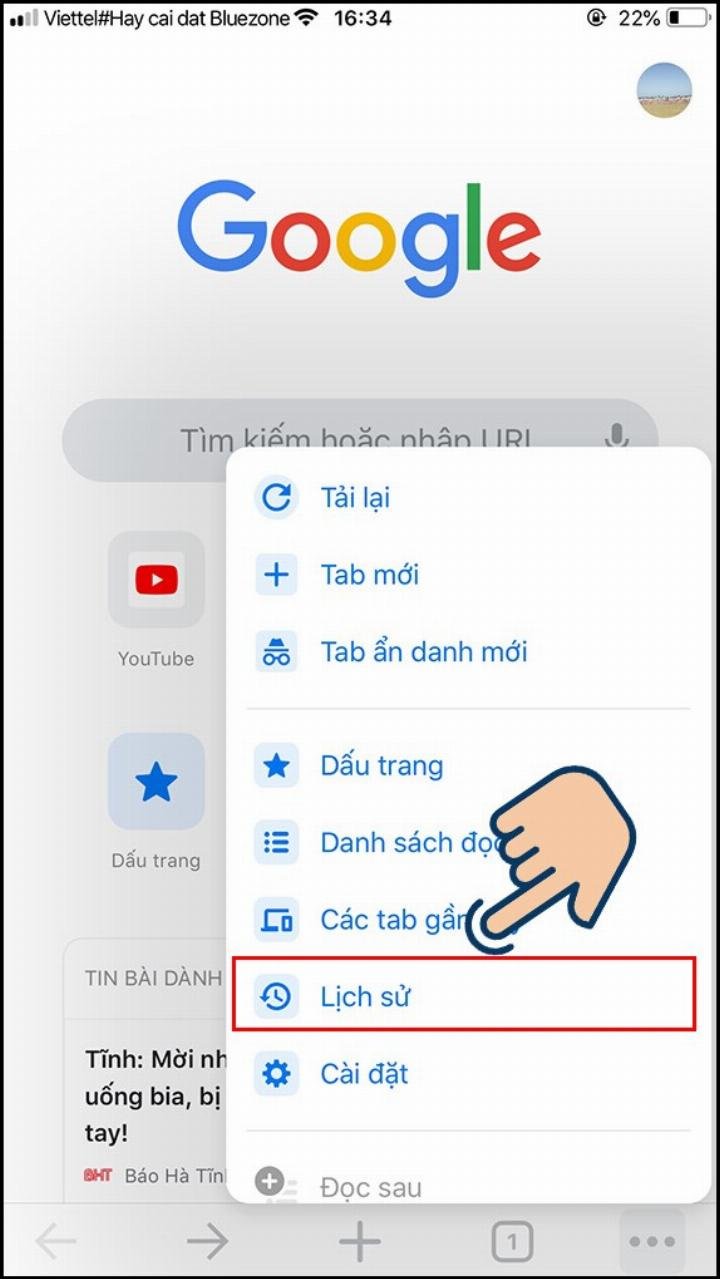 Chọn mục Lịch sử.