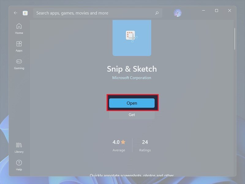 Chọn Open để mở Snipping Tool và chụp ảnh màn hình