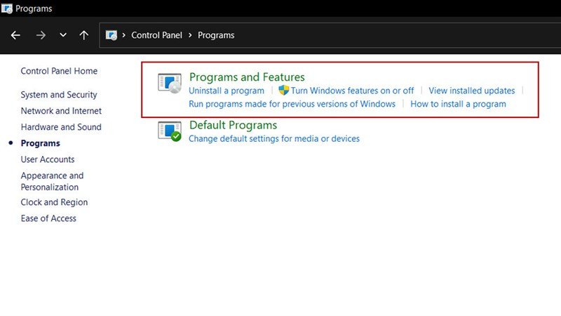 Chọn Programs and Features để gỡ cài đặt Zalo