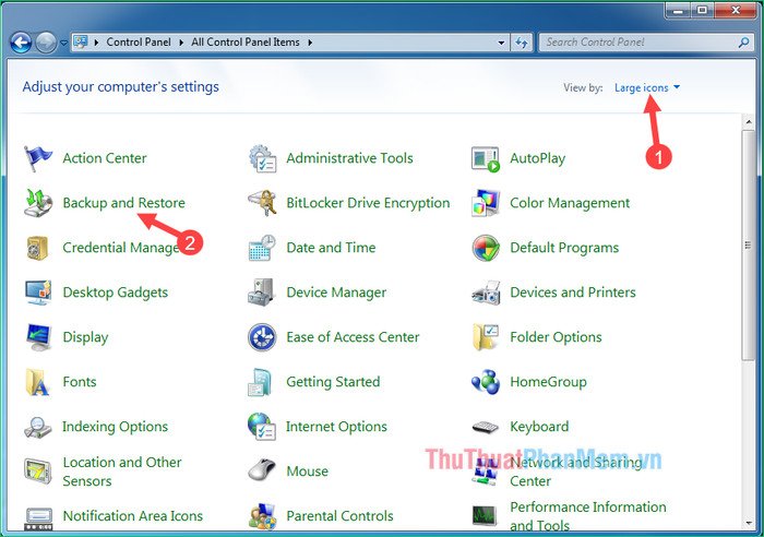 Chọn Recover system settings or your computer trong Backup and Restore để tiến hành reset Windows 7