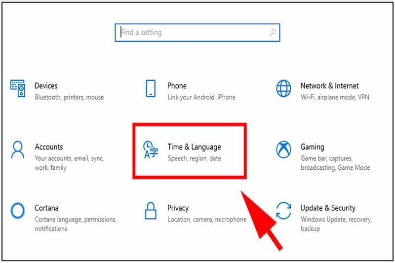 Chọn Time &amp; Language trong Settings để cài đặt Cortana trên Win 10
