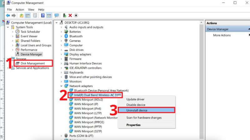 Chọn Uninstall device để gỡ driver Wifi
