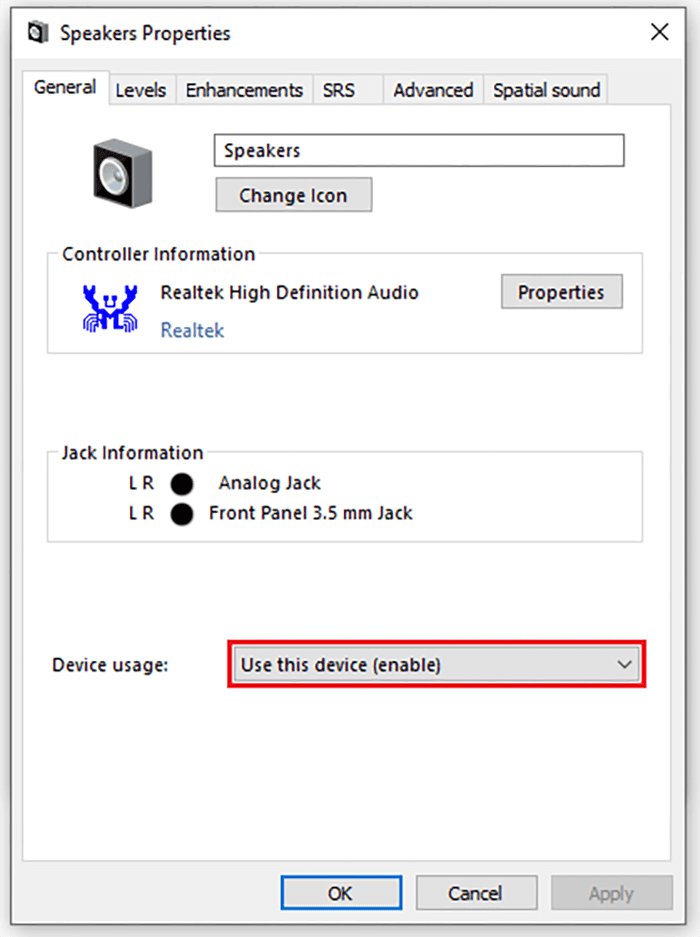 Chọn Use This Device (enable) để mở loa máy tính bị khóa Win 7