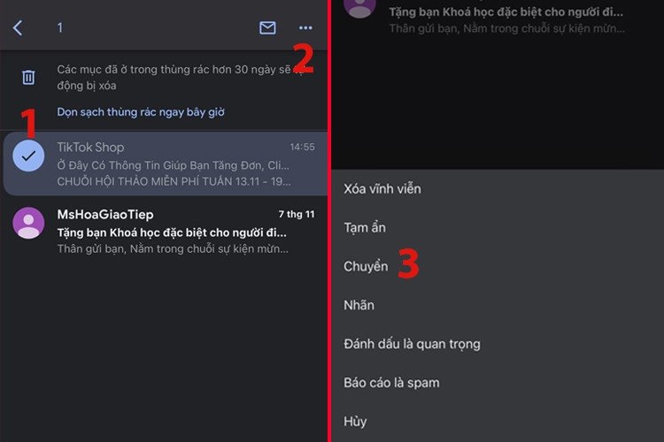 Chọn và chuyển email khỏi Thùng rác trên điện thoại