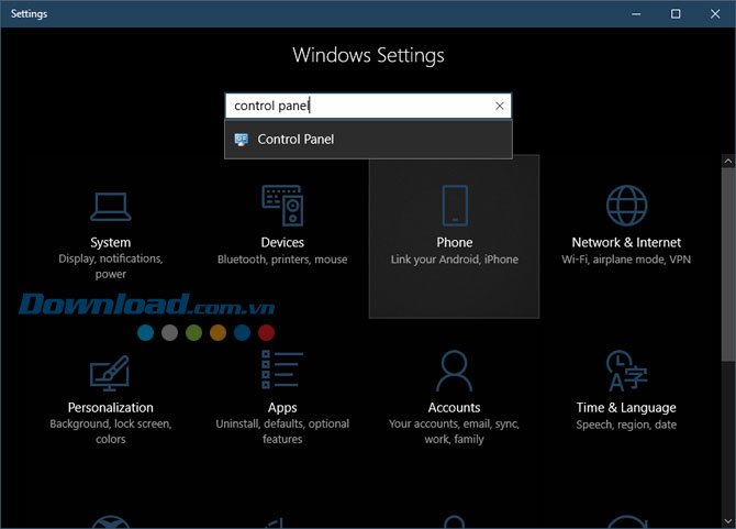 Tìm kiếm Control Panel trong Windows Settings để gỡ trình duyệt