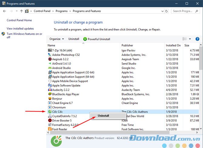 Chọn Cốc Cốc và nhấn Uninstall để gỡ trình duyệt trên máy tính