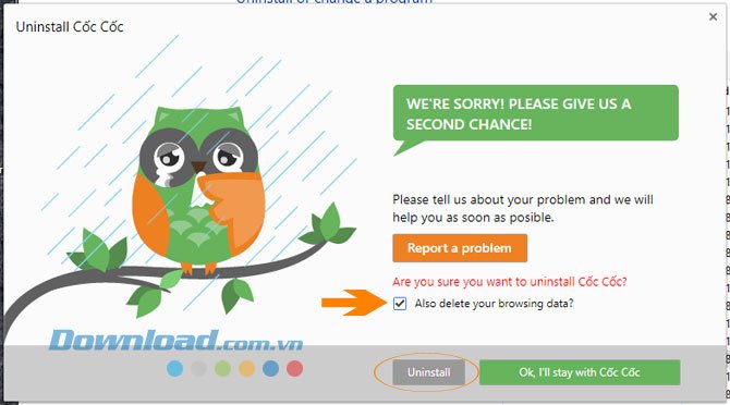 Xác nhận xóa dữ liệu duyệt web khi gỡ cài đặt trình duyệt Cốc Cốc