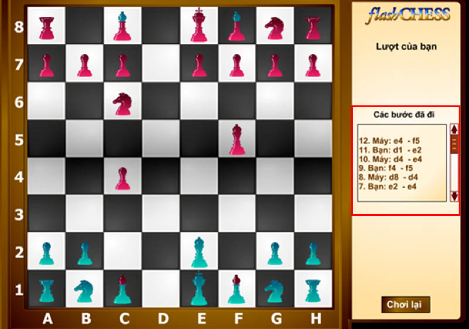 Lịch sử các nước cờ đã đi khi chơi cờ vua với máy tính trên Game24h.vn