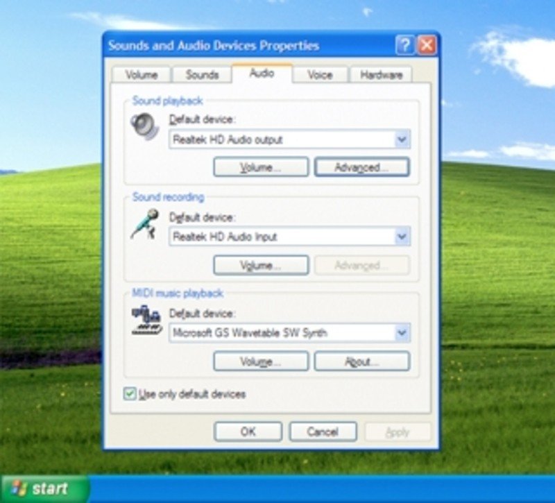 Cửa sổ Sound and Audio Devices trên Windows XP