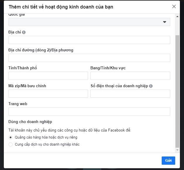 Điền đầy đủ thông tin doanh nghiệp để quản lý trang Facebook
